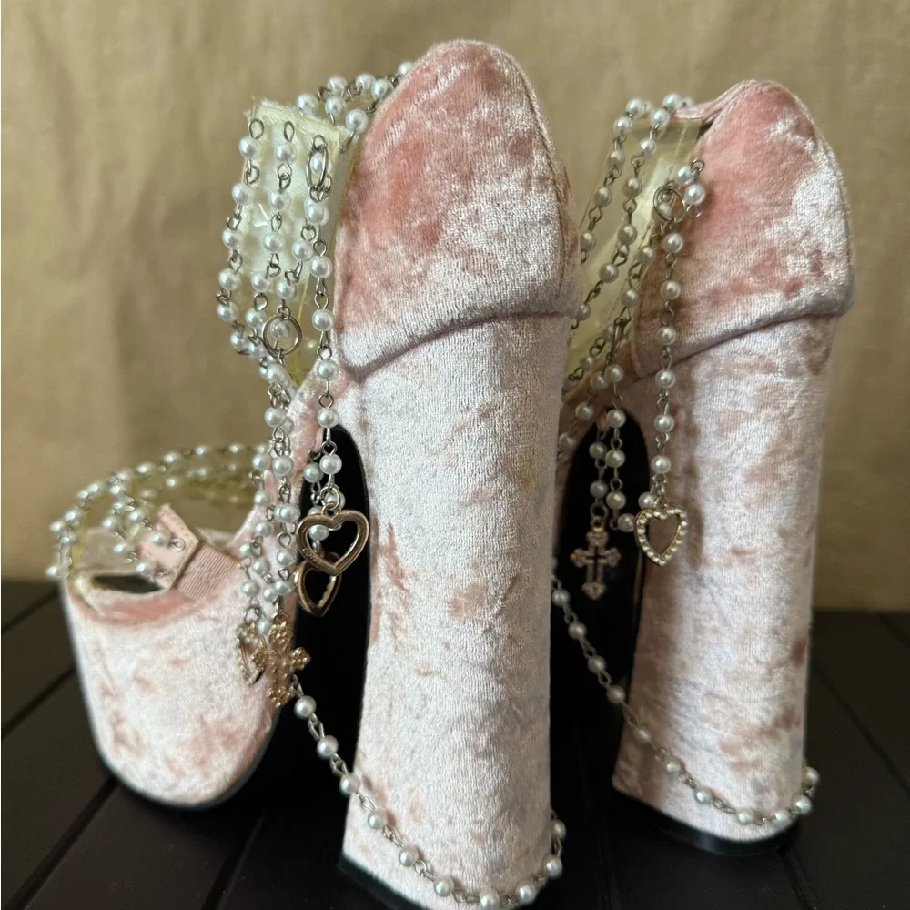 Dolls Kill Sugar Thrills Holy Revelation pink velvet platform heel. Size 5 - Picture 7 of 12